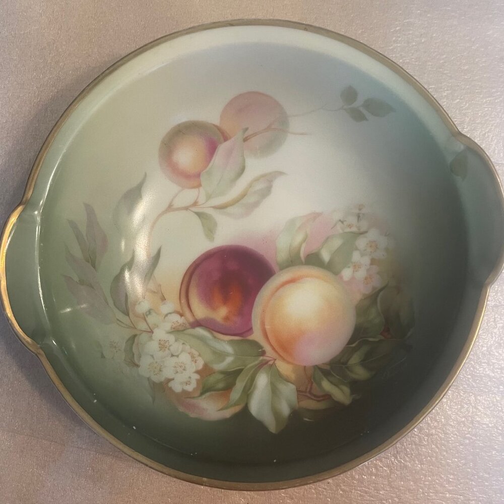 Vintage Thomas Bavaria porcelain bowl with handles, featuring peaches & blossoms